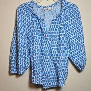 Vineyard Vines Blue and White 3/4 Sleeve Relaxed Blouse In Sea Stitch pattern